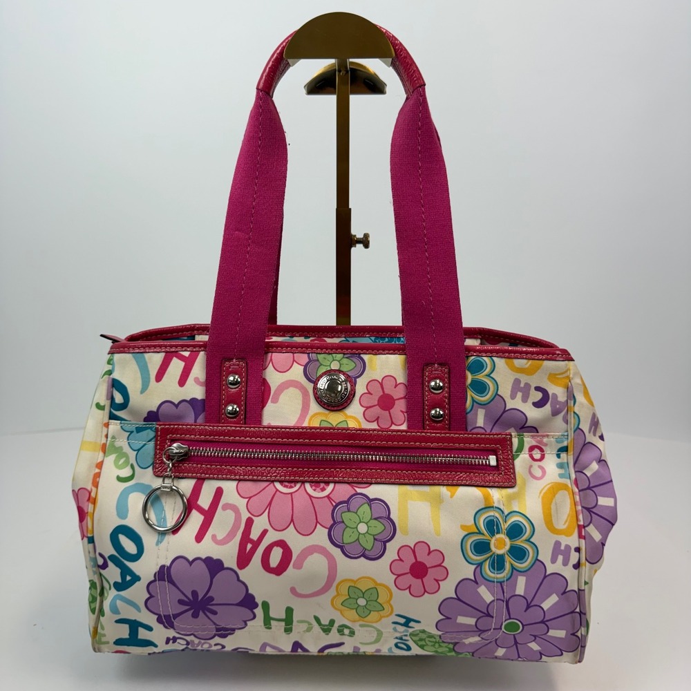 Coach Poppy Floral Graffiti Tote Bag Multi-Color Canvas Pink Trim F14880